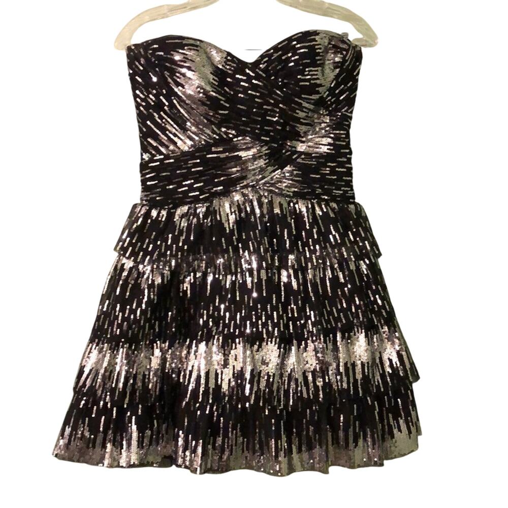Roberta Black & Silver Sequin Tulle Mini Dress Juniors Size 7 Tiered Prom Retro